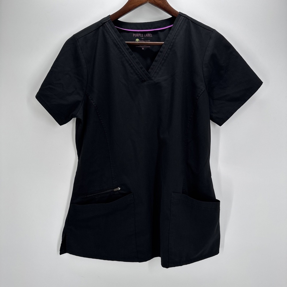 Purple Label Healing Hands Women's M Black V-Neck Scrub Top Stretch Pockets